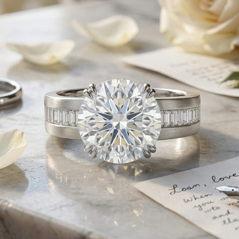 Round Moissanite Baguette Channel Set Accents Engagement Ring