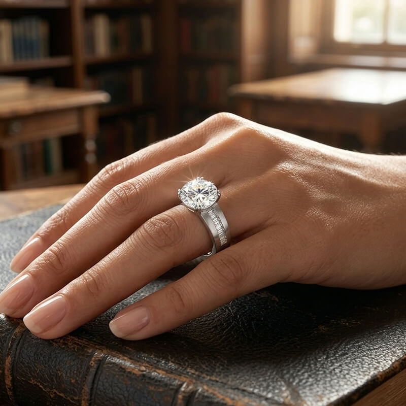 Round Moissanite Baguette Channel Set Accents Engagement Ring