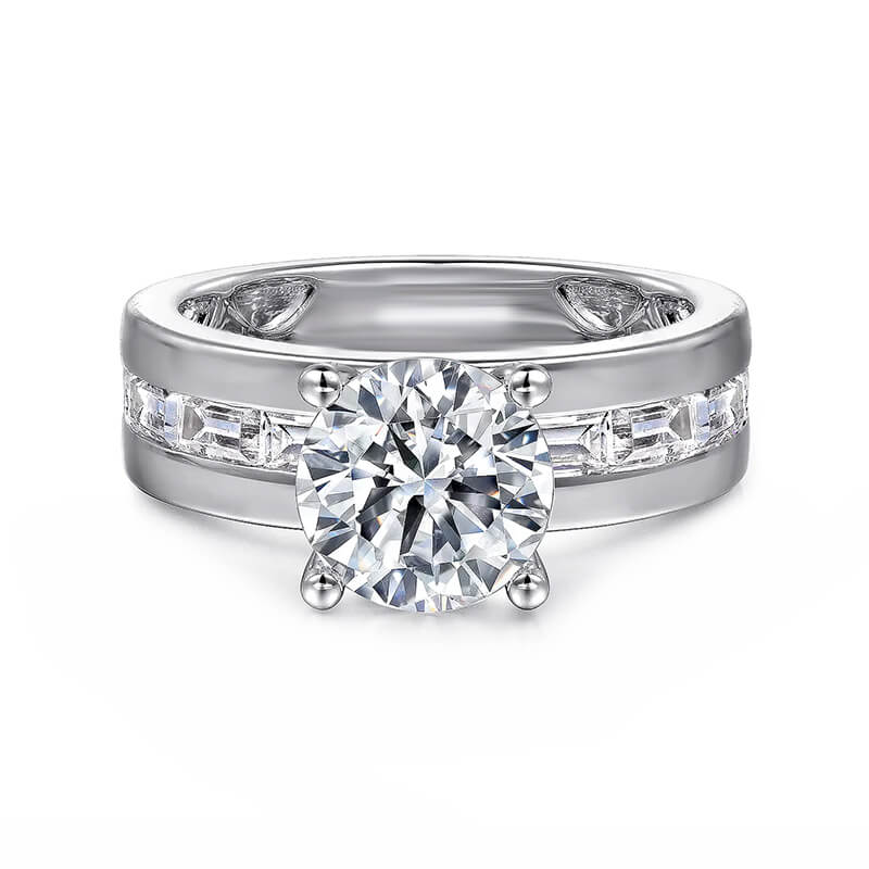 Round Moissanite Baguette Sapphires Channel Wide Band Engagement Ring