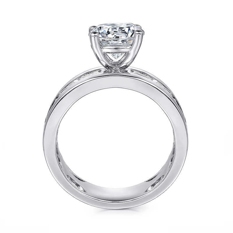 Round Moissanite Baguette Sapphires Channel Wide Band Engagement Ring