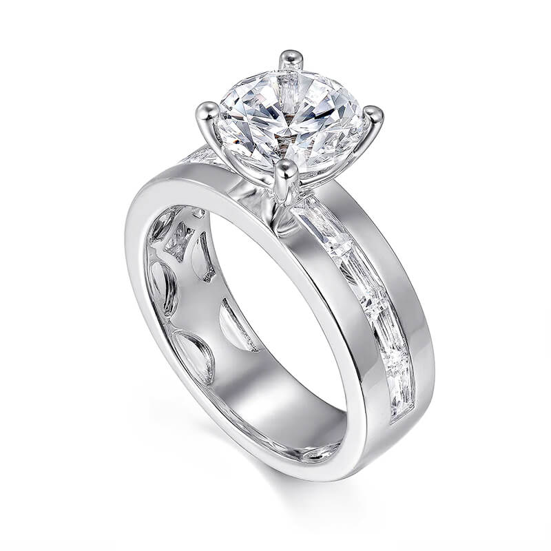 Round Moissanite Baguette Sapphires Channel Wide Band Engagement Ring