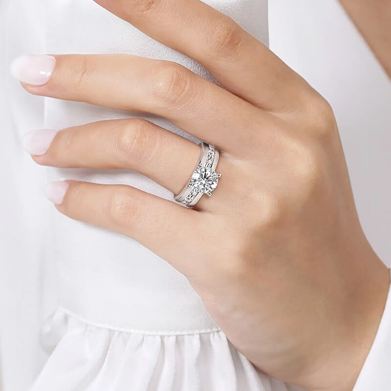 Round Moissanite Baguette Sapphires Channel Wide Band Engagement Ring