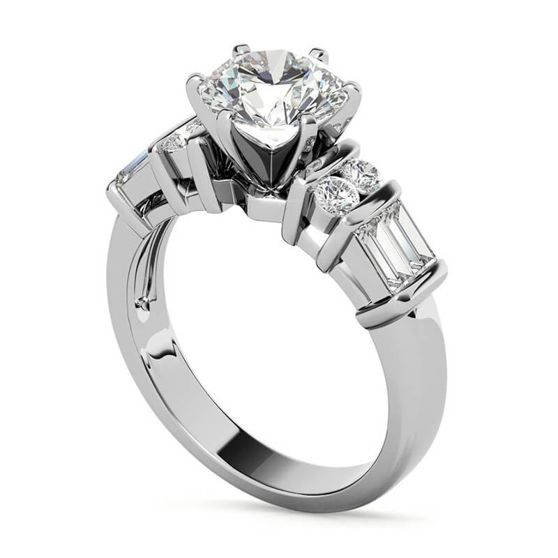 Round Moissanite Baguette Side Stone Wide Band Engagement Ring