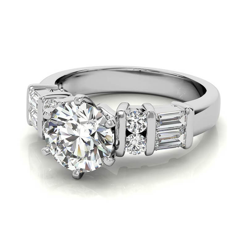 Round Moissanite Baguette Side Stone Wide Band Engagement Ring
