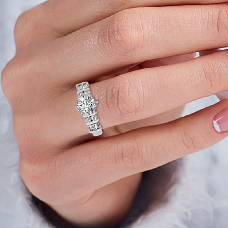Round Moissanite Baguette Side Stone Wide Band Engagement Ring