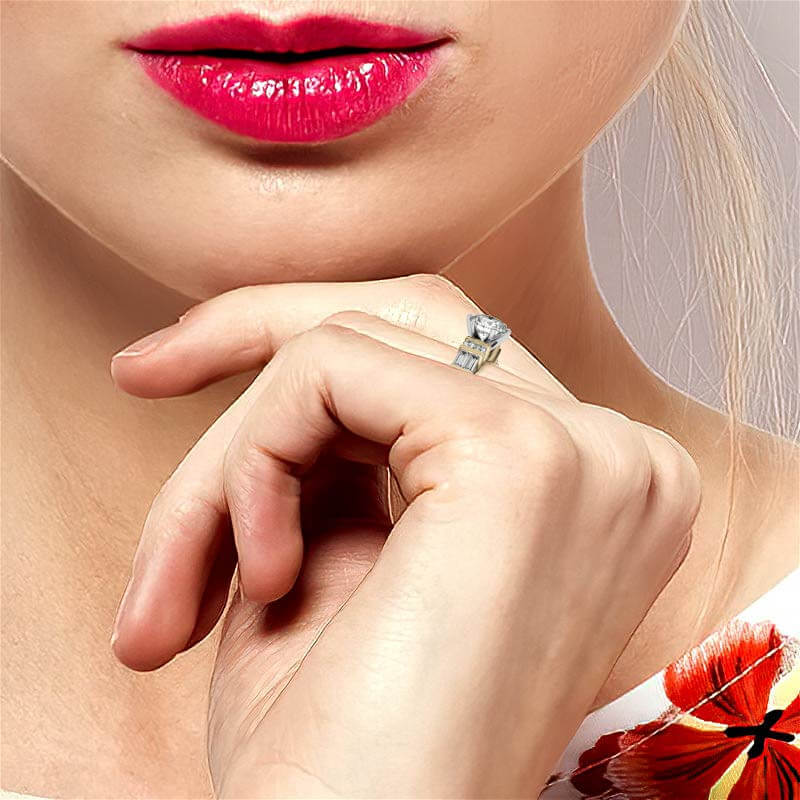 Round Moissanite Baguette Side Stone Wide Band Engagement Ring