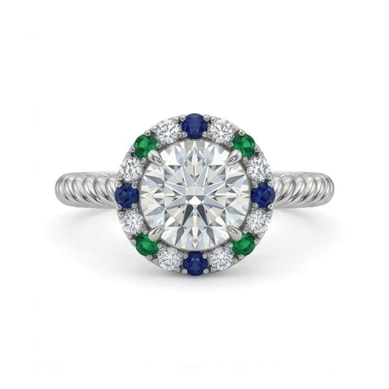 Round Moissanite Blue & Green Sapphire Halo Twisted Rope Engagement Ring