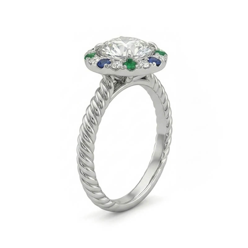 Round Moissanite Blue & Green Sapphire Halo Twisted Rope Engagement Ring