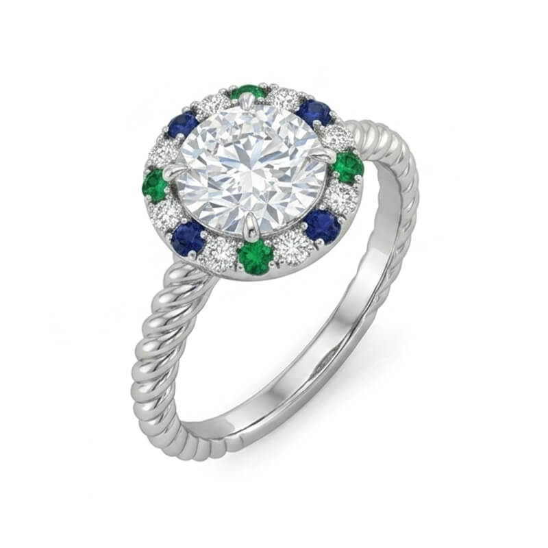 Round Moissanite Blue & Green Sapphire Halo Twisted Rope Engagement Ring
