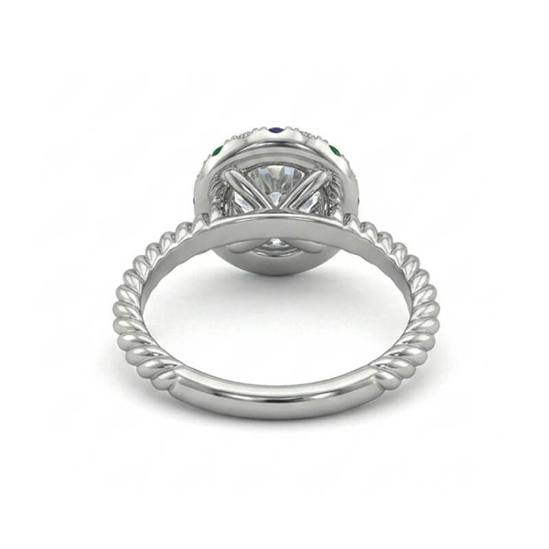 Round Moissanite Blue & Green Sapphire Halo Twisted Rope Engagement Ring