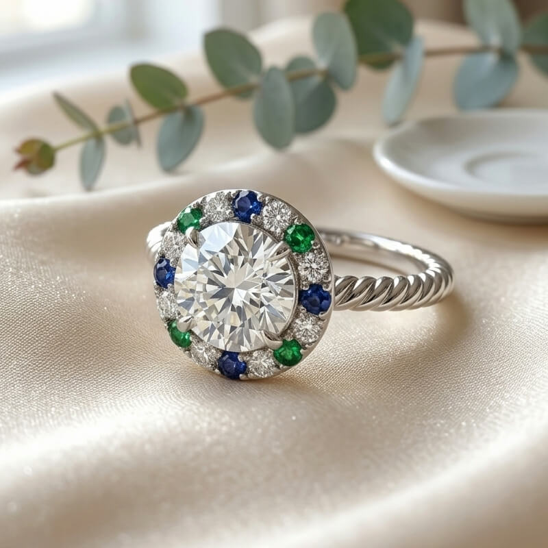 Round Moissanite Blue & Green Sapphire Halo Twisted Rope Engagement Ring