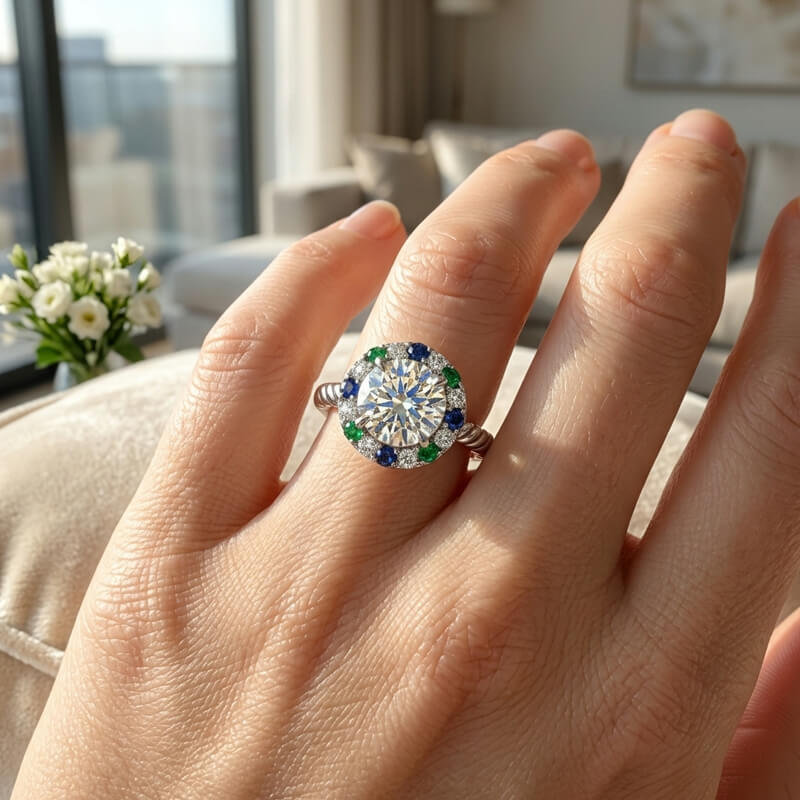 Round Moissanite Blue & Green Sapphire Halo Twisted Rope Engagement Ring