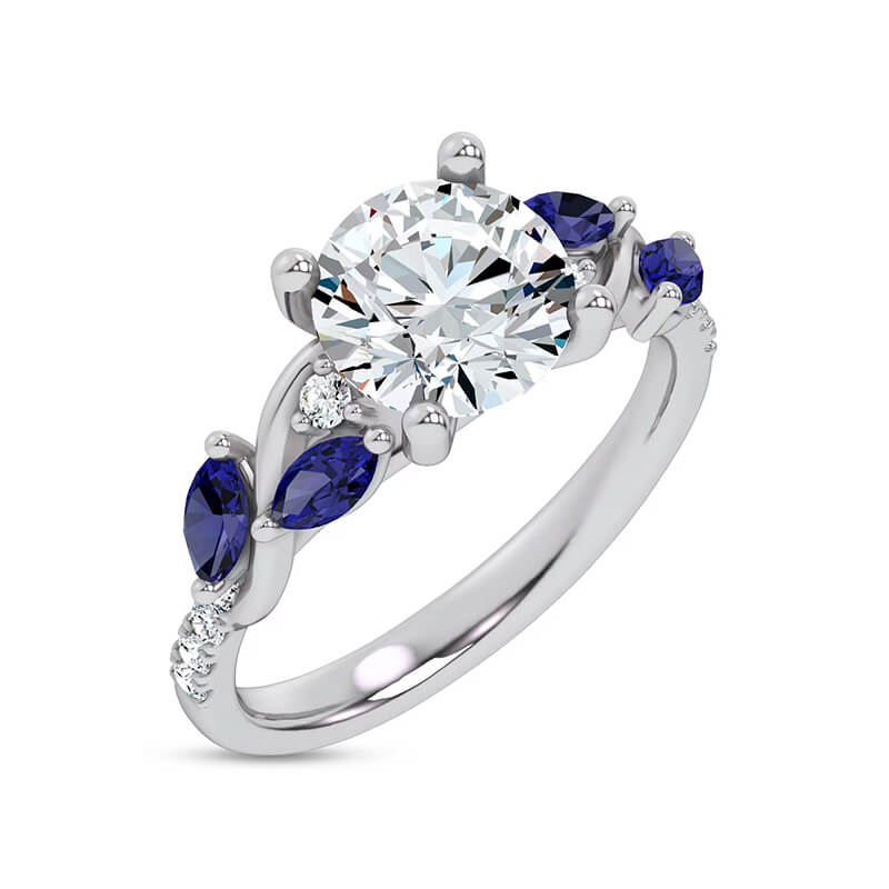 Round Moissanite Curved Vine Sapphire Accents Pave Engagement Ring