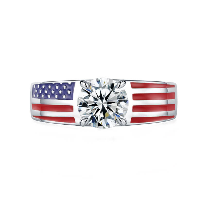 Round Moissanite Engagement Ring with American Flag Enamel Band