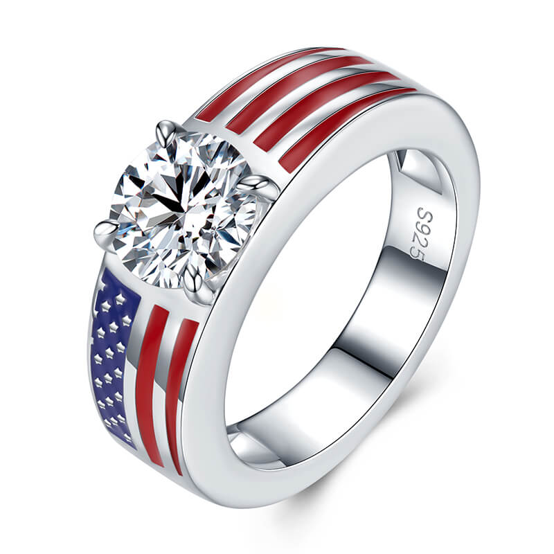 Round Moissanite Engagement Ring with American Flag Enamel Band