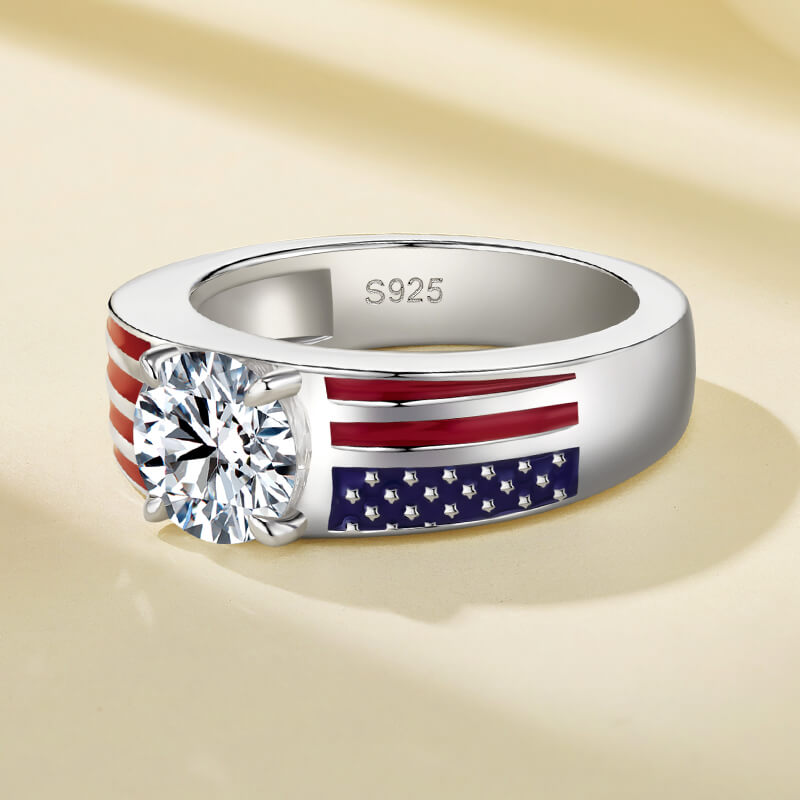 Round Moissanite Engagement Ring with American Flag Enamel Band