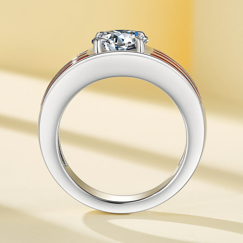Round Moissanite Engagement Ring with American Flag Enamel Band