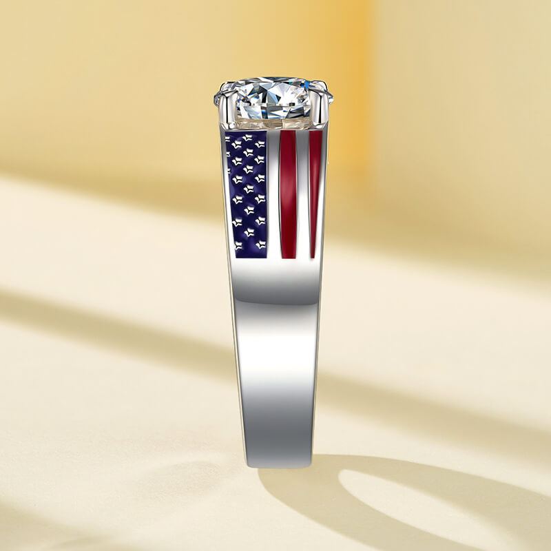 Round Moissanite Engagement Ring with American Flag Enamel Band