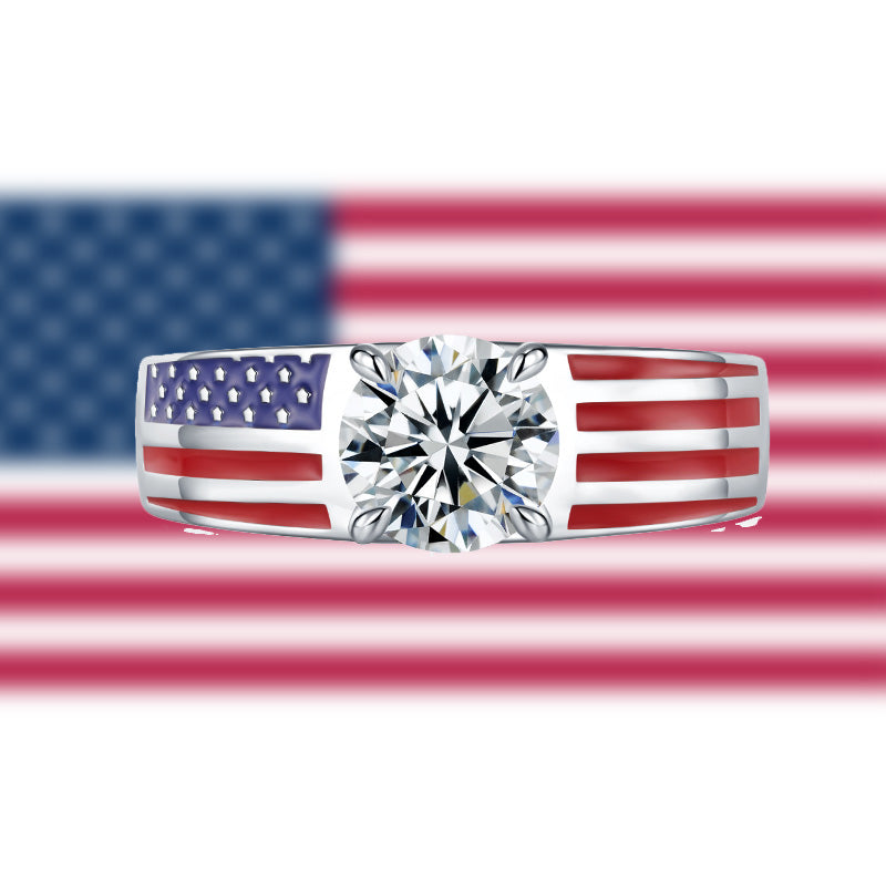 Round Moissanite Engagement Ring with American Flag Enamel Band