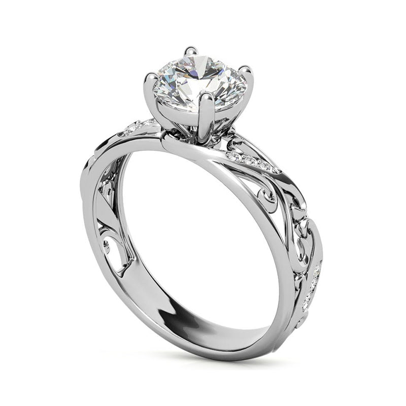 Vintage Round Moissanite Filigree Scroll Accent Engagement Ring