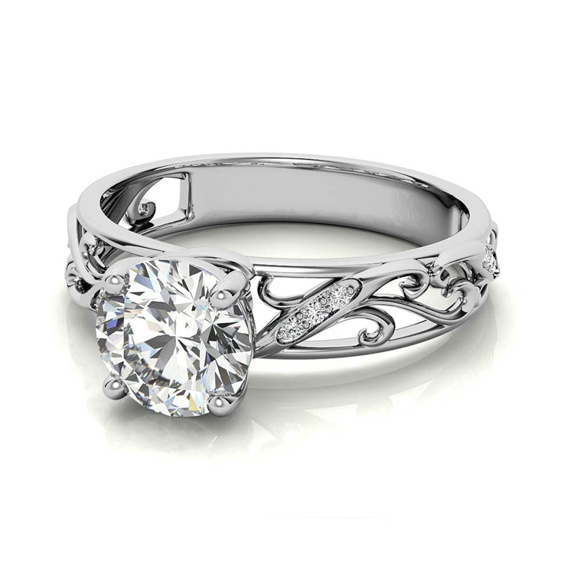 Vintage Round Moissanite Filigree Scroll Accent Engagement Ring