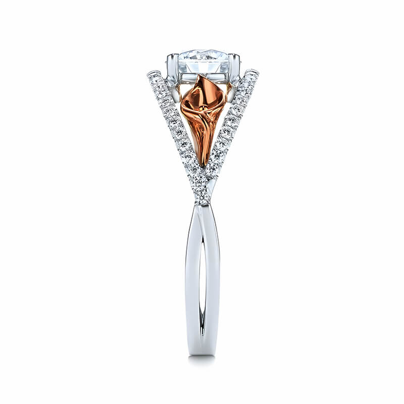 Round Moissanite Floral Calla Lily Two Tone Pave Engagement Ring