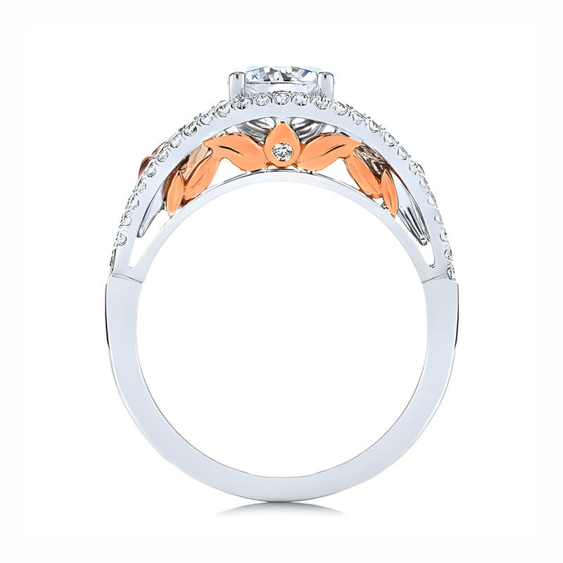 Round Moissanite Floral Calla Lily Two Tone Pave Engagement Ring
