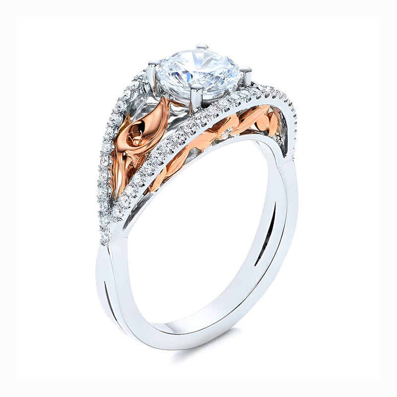 Round Moissanite Floral Calla Lily Two Tone Pave Engagement Ring