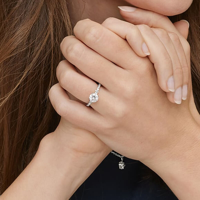 Round Moissanite Floral Clusters Milgrain Engagement Ring