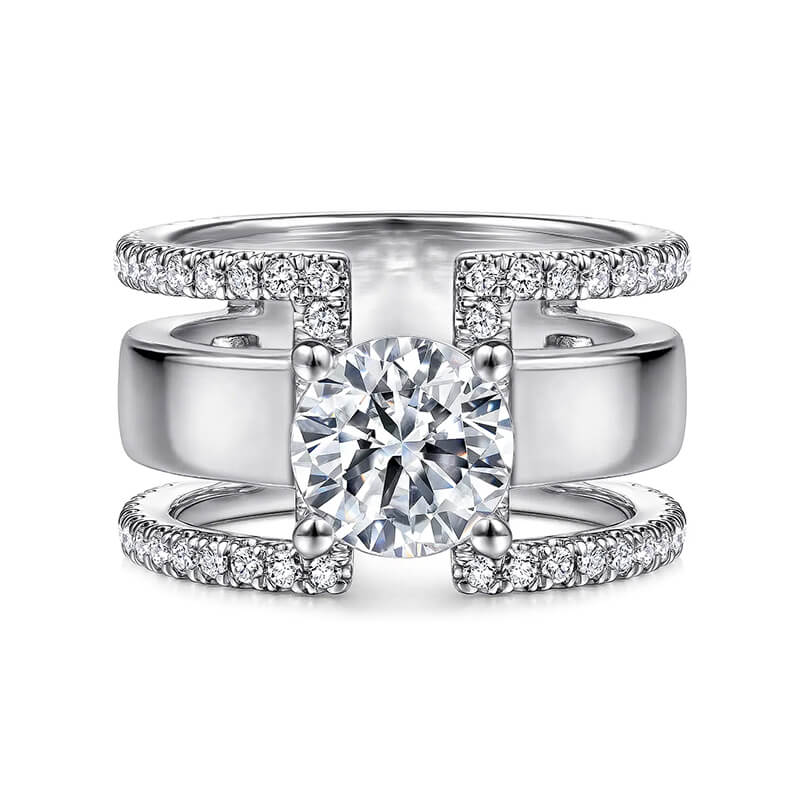 Round Moissanite Geometric Triple Shank Pave Engagement Ring