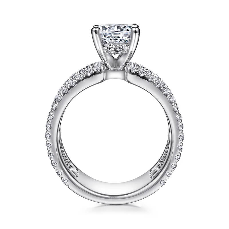 Round Moissanite Geometric Triple Shank Pave Engagement Ring