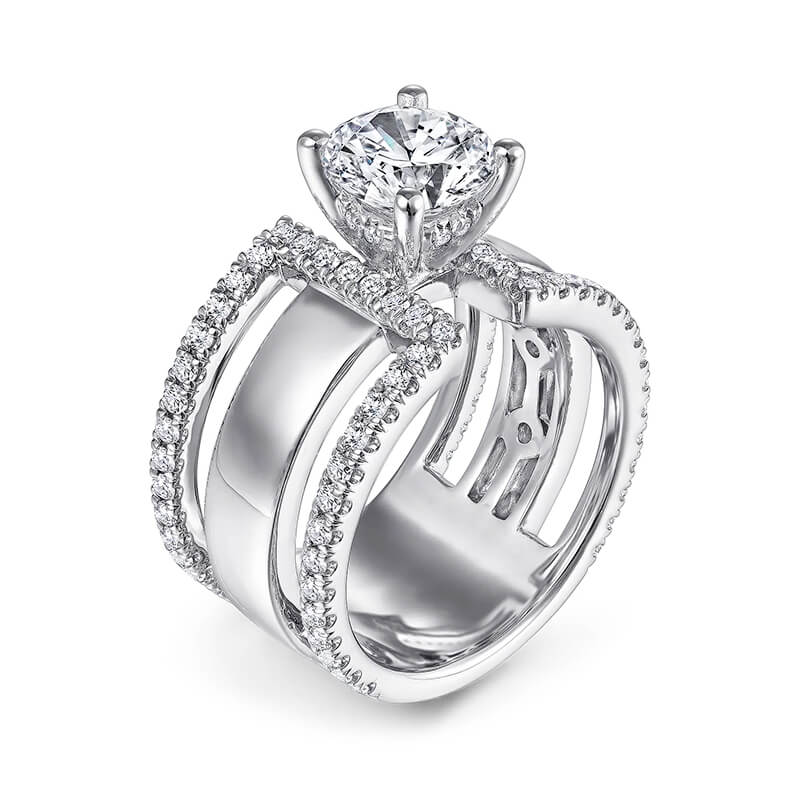 Round Moissanite Geometric Triple Shank Pave Engagement Ring