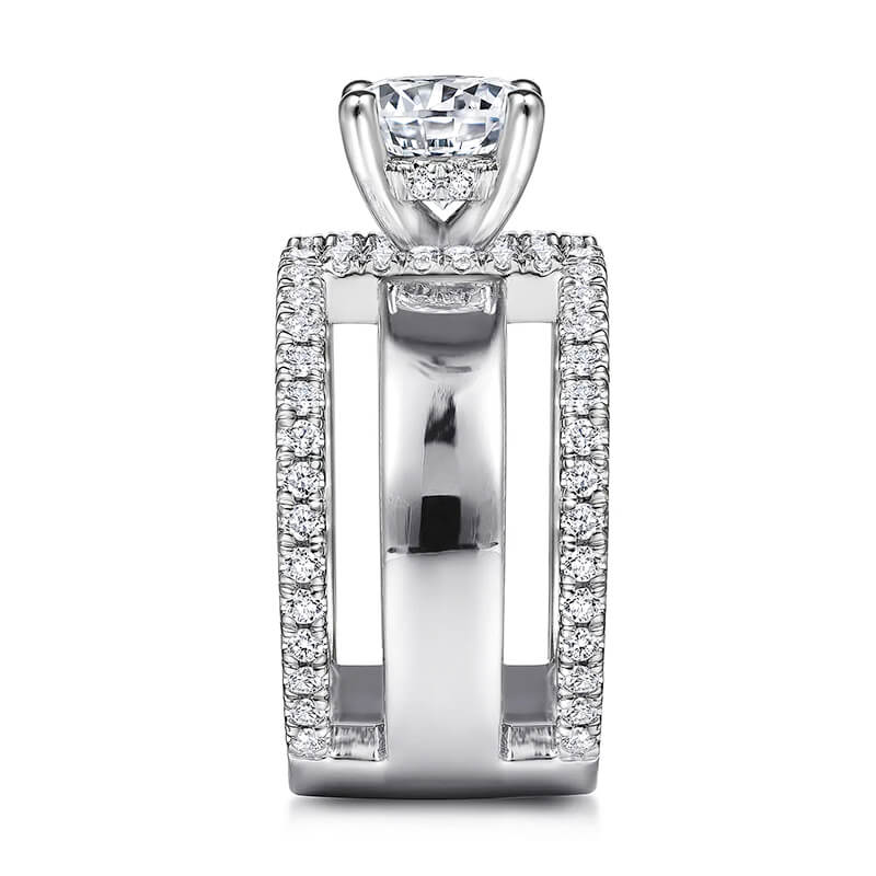 Round Moissanite Geometric Triple Shank Pave Engagement Ring