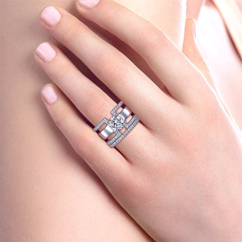 Round Moissanite Geometric Triple Shank Pave Engagement Ring