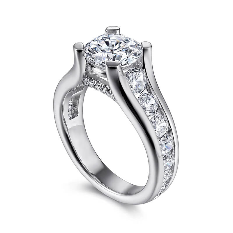 Round Moissanite Graduated Channel Set Accents Engagement Ring