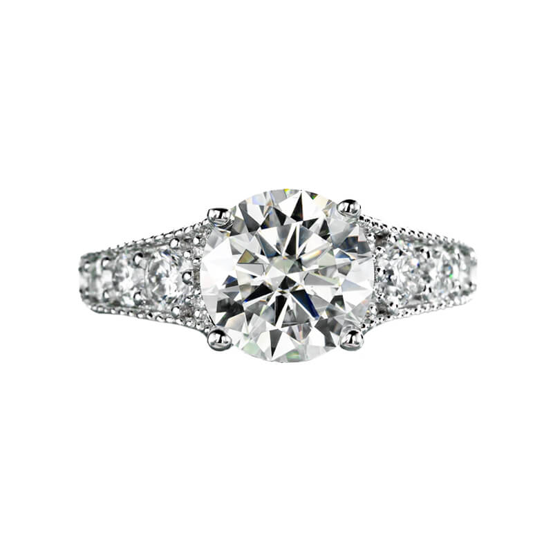 Round Moissanite Graduated Side Stone Milgrain Engagement Ring