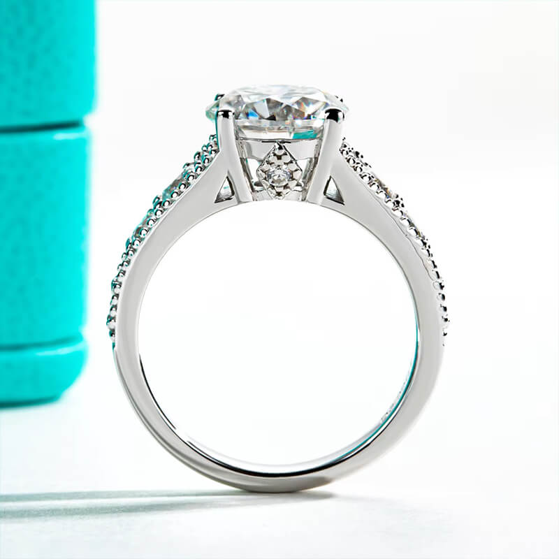 Round Moissanite Graduated Side Stone Milgrain Engagement Ring