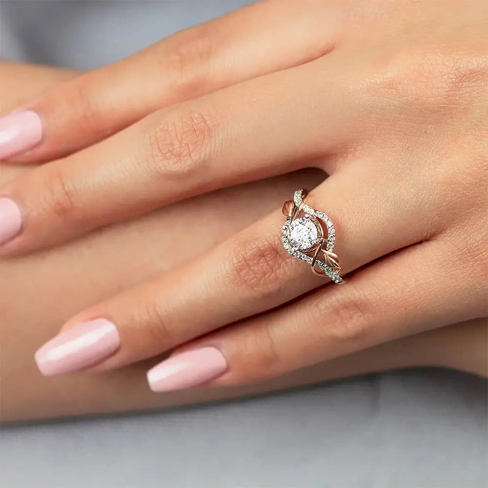 Round Moissanite Intertwined Rose Gold Leaves Pave Engagement Ring