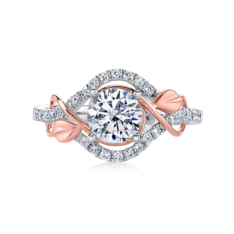 Round Moissanite Intertwined Rose Gold Leaves Pave Engagement Ring