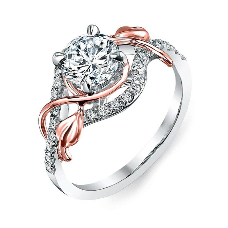 Round Moissanite Intertwined Rose Gold Leaves Pave Engagement Ring