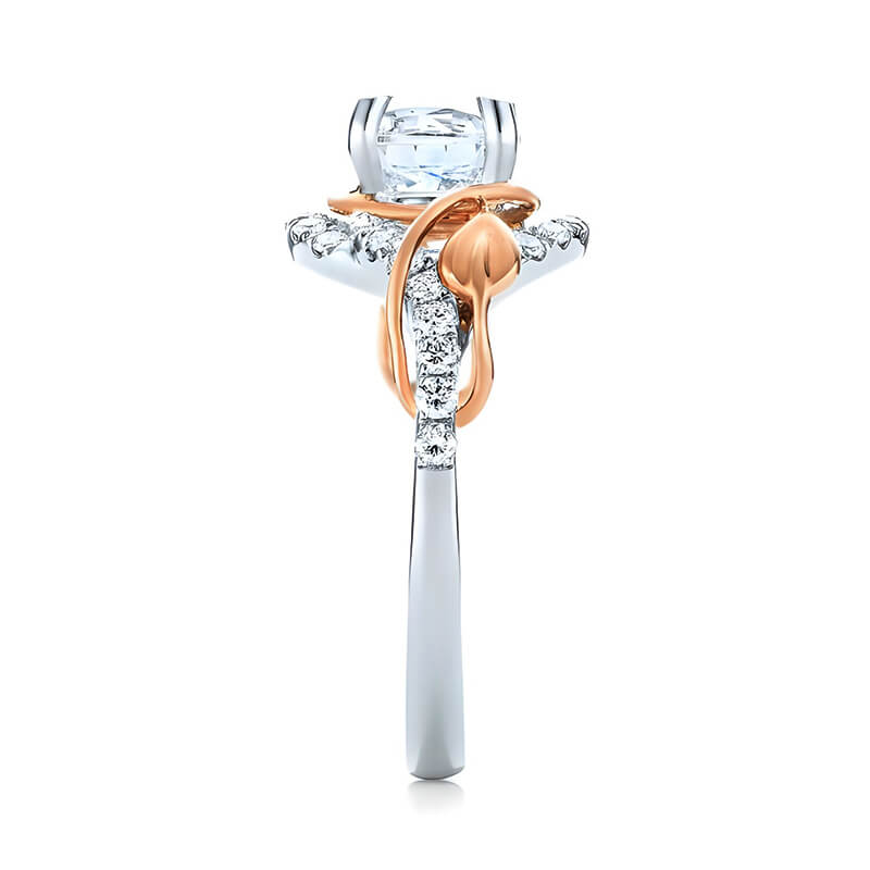 Round Moissanite Intertwined Rose Gold Leaves Pave Engagement Ring