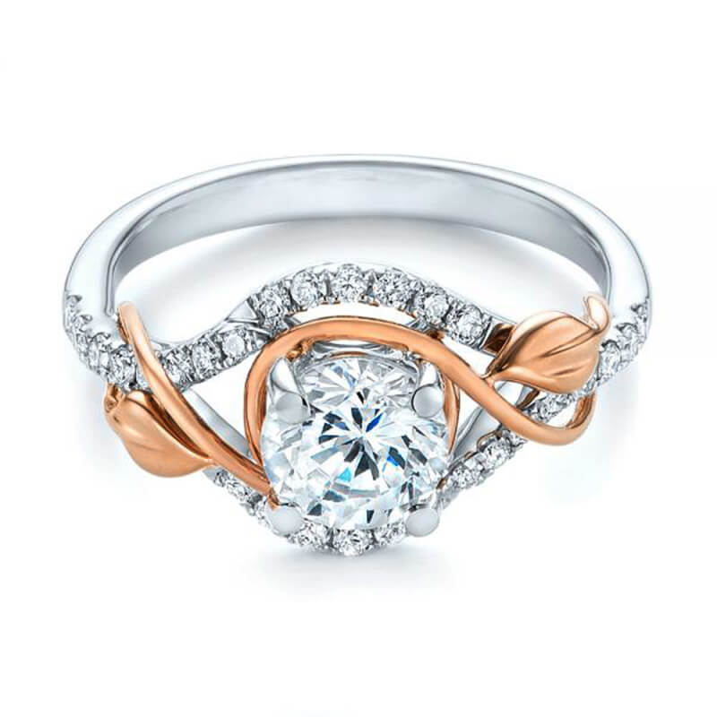 Round Moissanite Intertwined Rose Gold Leaves Pave Engagement Ring