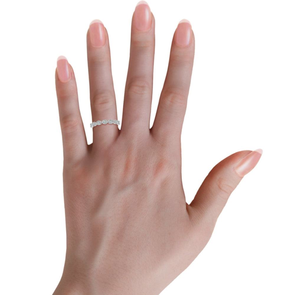 Round Moissanite Milgrain Marquise-Shaped Half Eternity Wedding Band