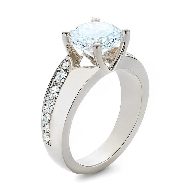 Round Moissanite Offset Side Stone Row Engagement Ring