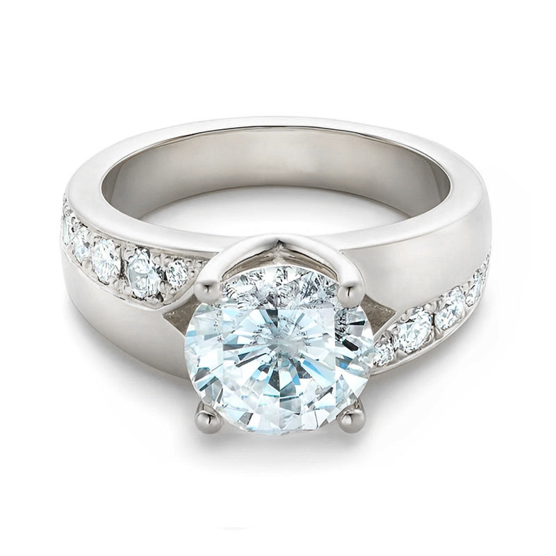 Round Moissanite Offset Side Stone Row Engagement Ring