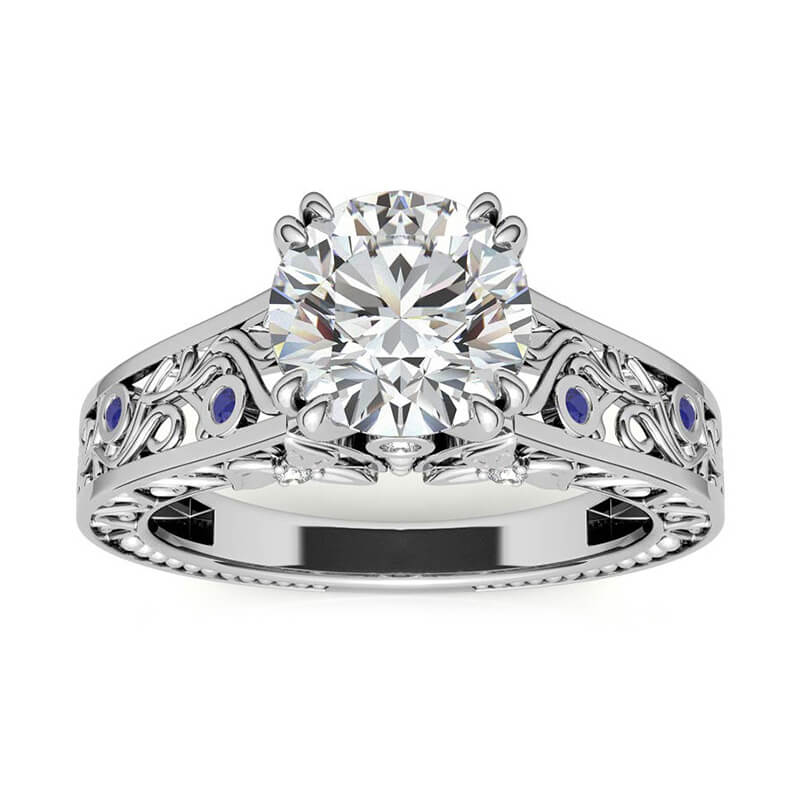 Round Moissanite Sapphire Floral Scroll Accents Engagement Ring