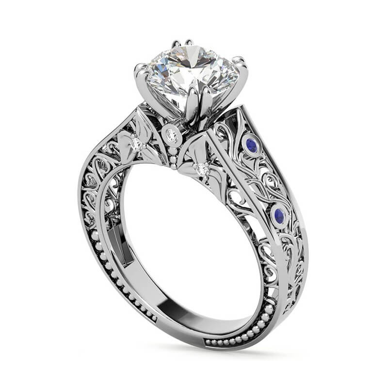 Round Moissanite Sapphire Floral Scroll Accents Engagement Ring