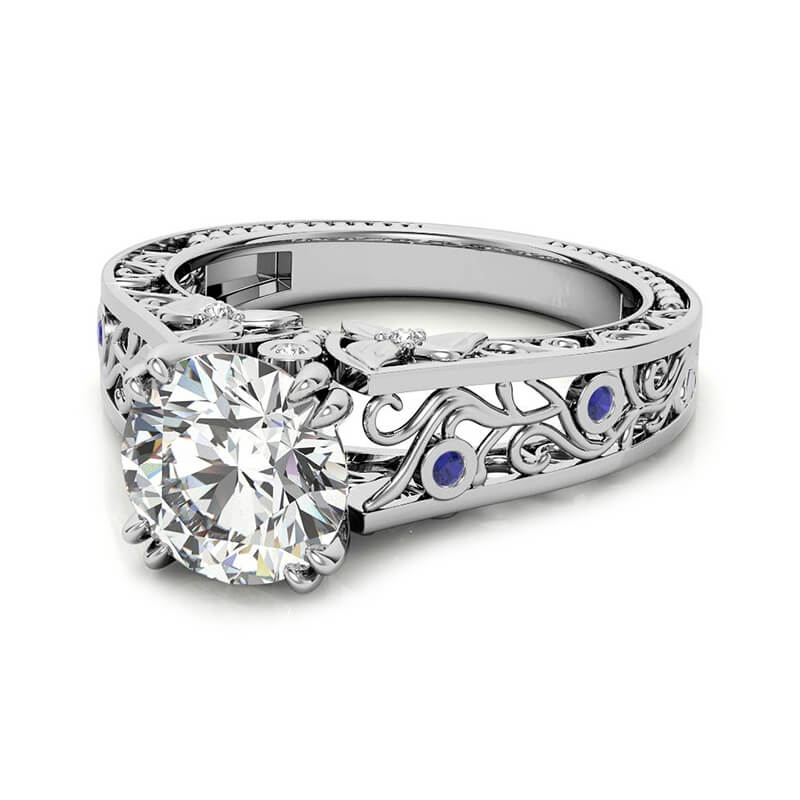 Round Moissanite Sapphire Floral Scroll Accents Engagement Ring