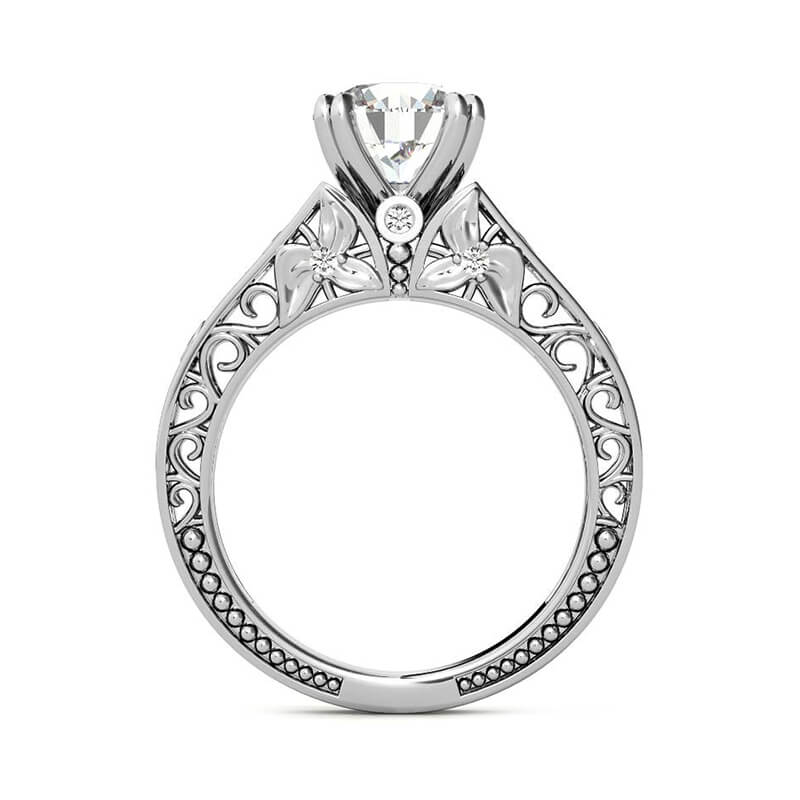 Round Moissanite Sapphire Floral Scroll Accents Engagement Ring