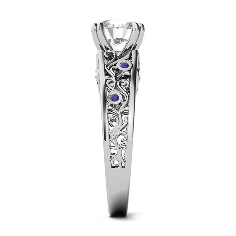 Round Moissanite Sapphire Floral Scroll Accents Engagement Ring